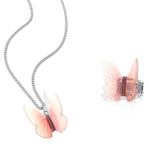 Butterfly Pendant Necklace in Coral Pink with Silver Chain & Matching Ring